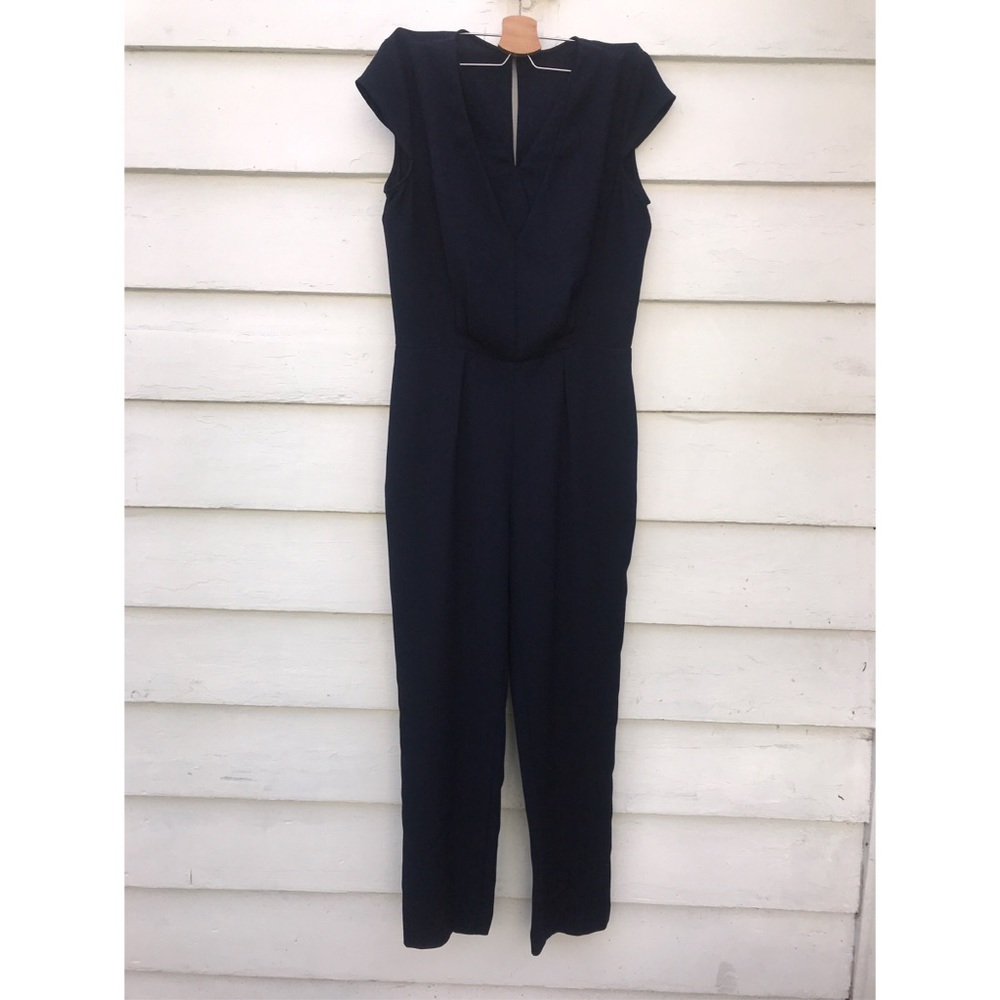 REISS Navy V-Neck Jumpsuit with keyhole closure